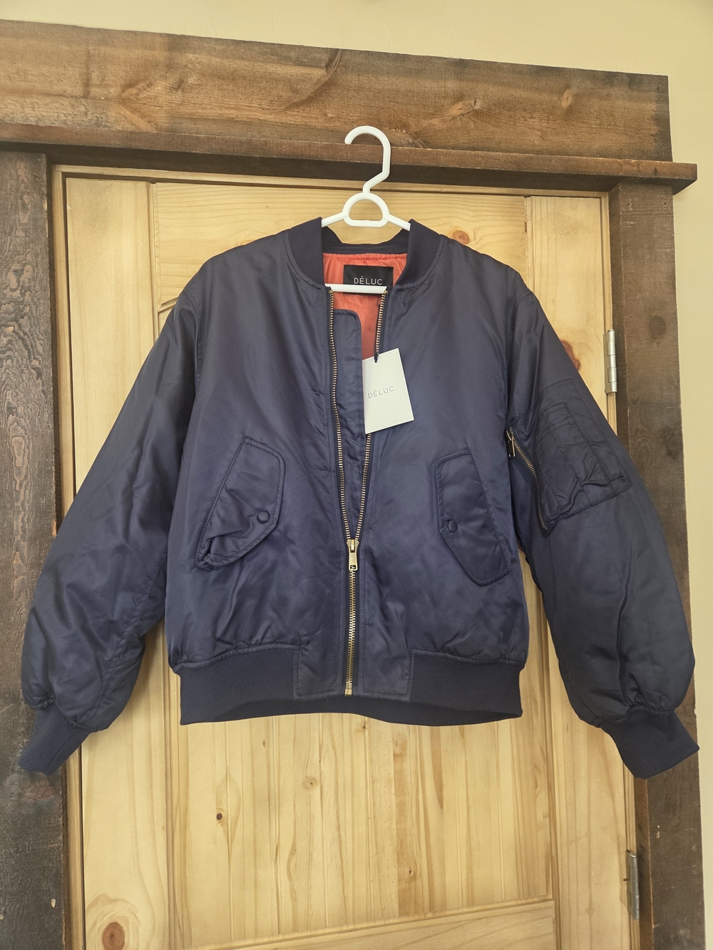 NWT Deluc Navy Bomber Jacket with Orange Lining